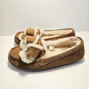 UGG Ansley Heritage Bow slipper in Chestnut Suede Sheepskin Slippers Womens 9